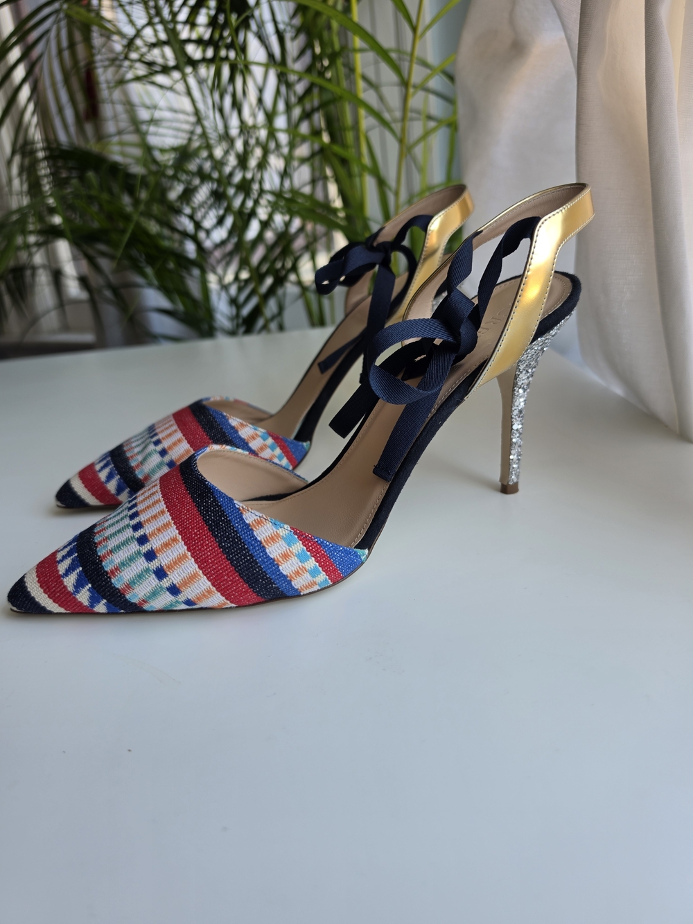 J. Crew Elsie Ankle Tie Pointed Toe Slingback Heels with Silver Glitter Stiletto